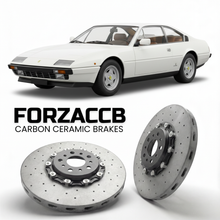 ForzaCCB direct OEM replacement carbon ceramic brake rotors for 1985 to 1989 Ferrari 412 models, shown with a white Ferrari 412 car.