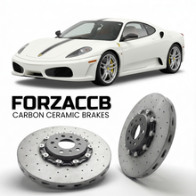 ForzaCCB direct OEM replacement carbon ceramic brake rotors for 2007 to 2009 Ferrari 430 Scuderia models, shown with a white Ferrari 430 Scuderia car.