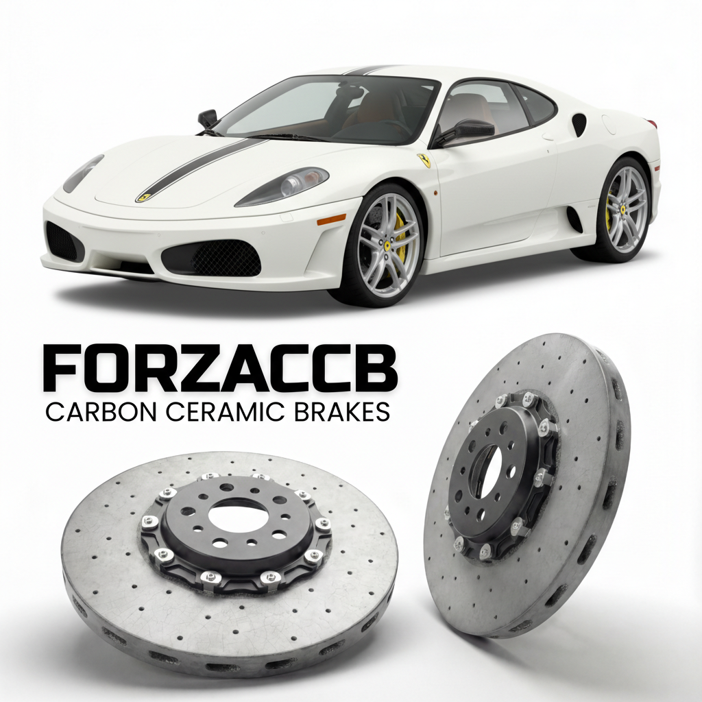 ForzaCCB direct OEM replacement carbon ceramic brake rotors for 2007 to 2009 Ferrari 430 Scuderia models, shown with a white Ferrari 430 Scuderia car.