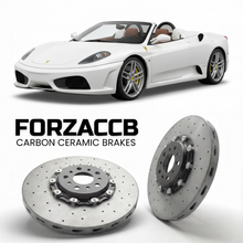ForzaCCB direct OEM replacement carbon ceramic brake rotors for 2008 to 2009 Ferrari 430 Scuderia Spider 16M models, shown with a white Ferrari 430 Scuderia Spider 16M car.