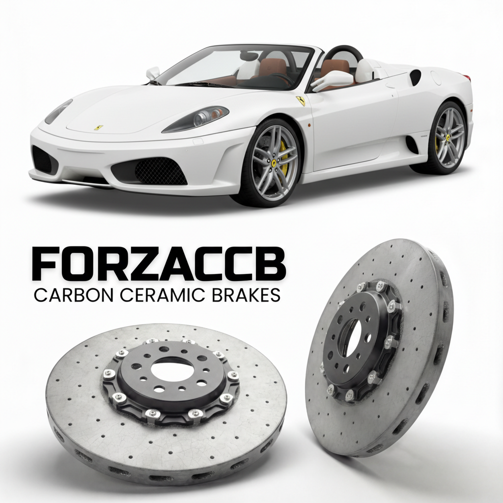 ForzaCCB direct OEM replacement carbon ceramic brake rotors for 2008 to 2009 Ferrari 430 Scuderia Spider 16M models, shown with a white Ferrari 430 Scuderia Spider 16M car.