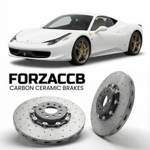 ForzaCCB direct OEM replacement carbon ceramic brake rotors for 2009 to 2015 Ferrari 458 Italia models, shown with a white Ferrari 458 Italia car.