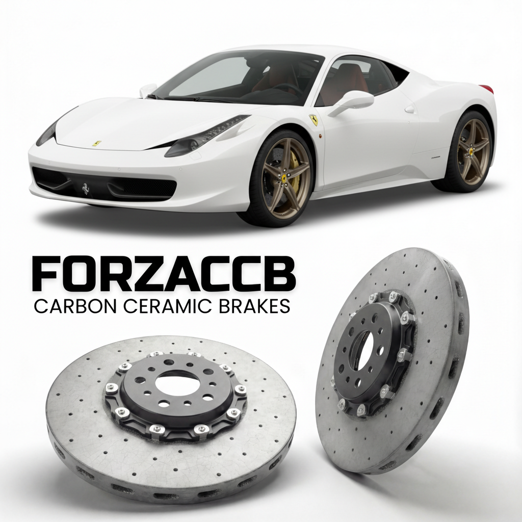 ForzaCCB direct OEM replacement carbon ceramic brake rotors for 2009 to 2015 Ferrari 458 Italia models, shown with a white Ferrari 458 Italia car.