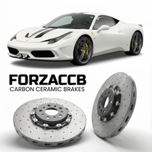 ForzaCCB direct OEM replacement carbon ceramic brake rotors for 2013 to 2015 Ferrari 458 Speciale models, shown with a white Ferrari 458 Speciale car.