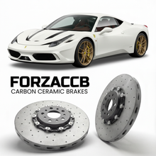 ForzaCCB direct OEM replacement carbon ceramic brake rotors for 2014 to 2015 Ferrari 458 Speciale A models, shown with a white Ferrari 458 Speciale A car.