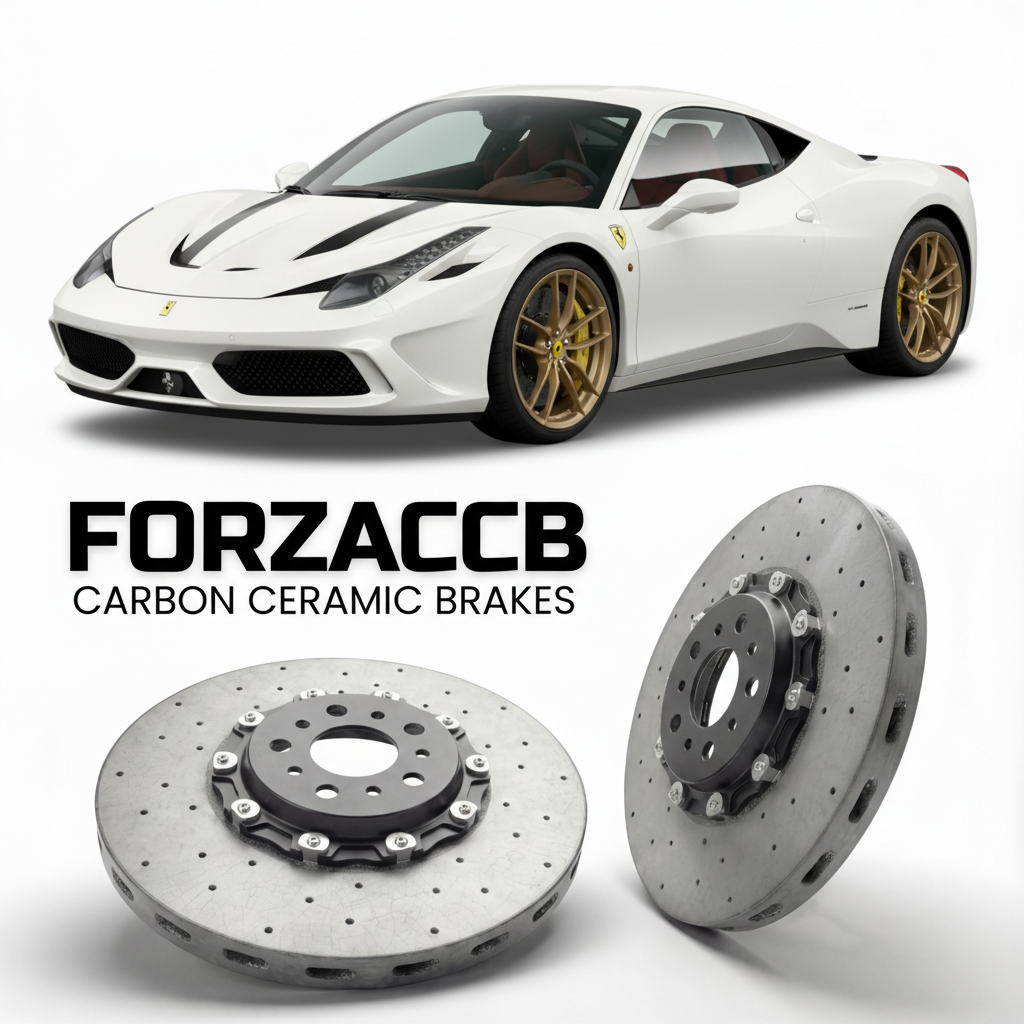 ForzaCCB direct OEM replacement carbon ceramic brake rotors for 2014 to 2015 Ferrari 458 Speciale A models, shown with a white Ferrari 458 Speciale A car.