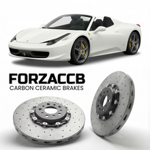 ForzaCCB direct OEM replacement carbon ceramic brake rotors for 2011 to 2015 Ferrari 458 Spider models, shown with a white Ferrari 458 Spider car.