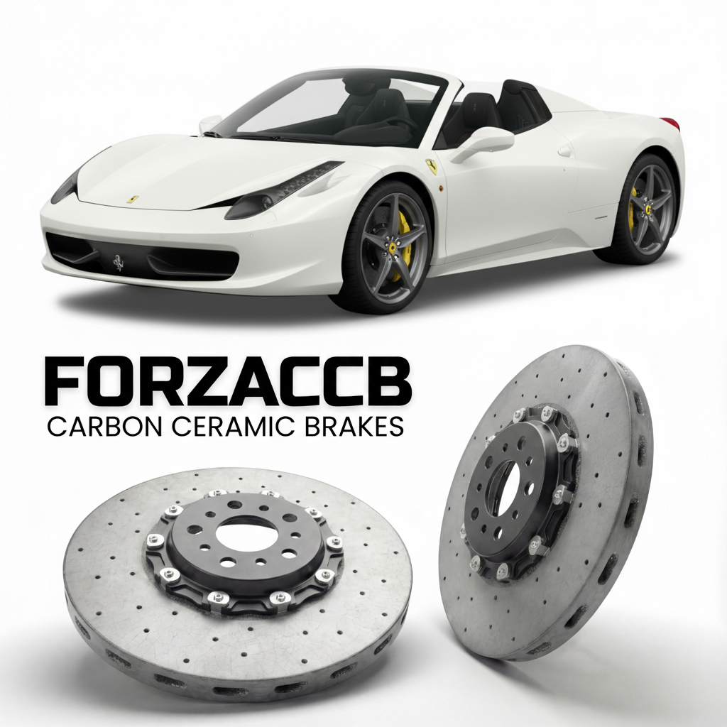 ForzaCCB direct OEM replacement carbon ceramic brake rotors for 2011 to 2015 Ferrari 458 Spider models, shown with a white Ferrari 458 Spider car.