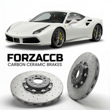 ForzaCCB direct OEM replacement carbon ceramic brake rotors for 2015 to 2019 Ferrari 488 GTB models, shown with a white Ferrari 488 GTB car.