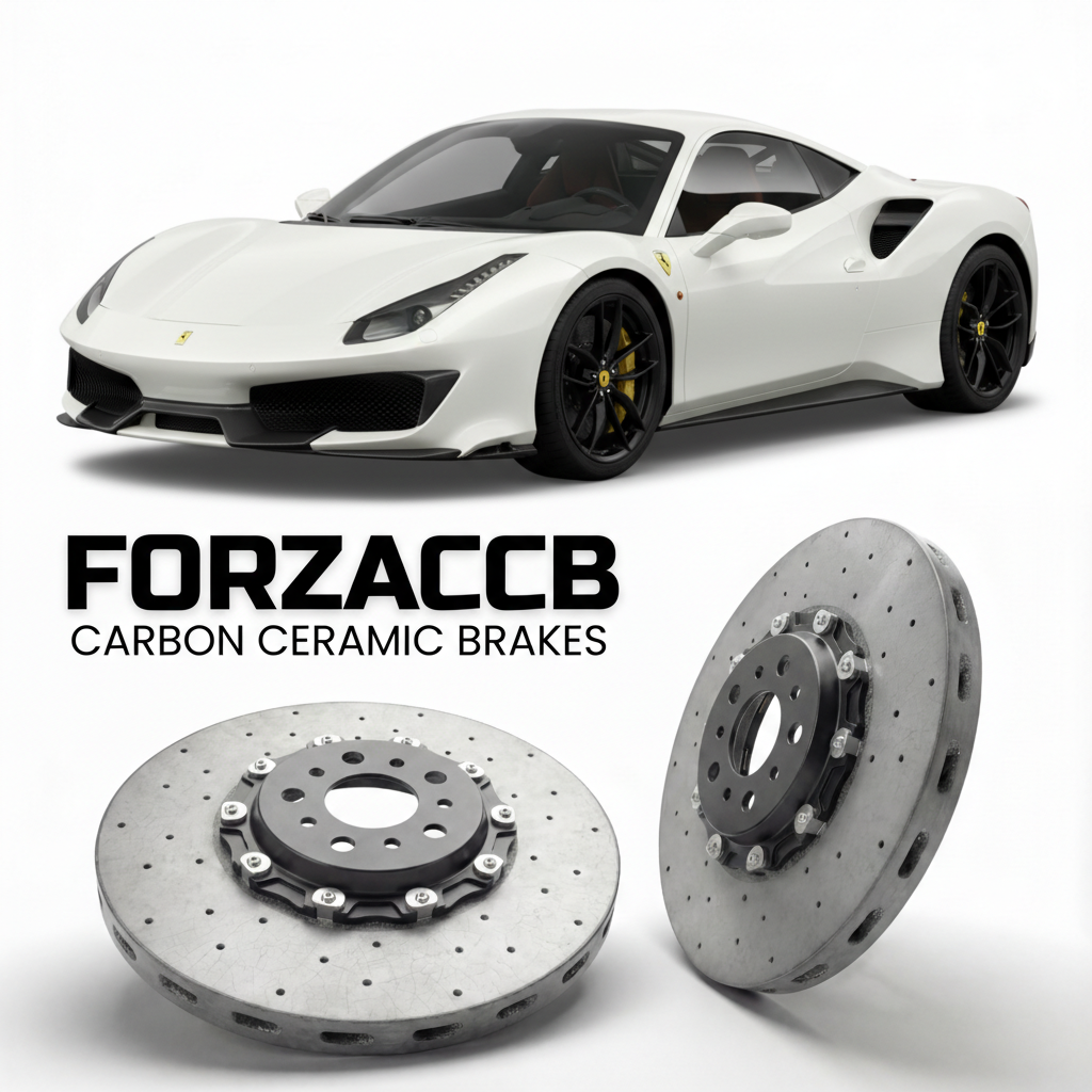 ForzaCCB direct OEM replacement carbon ceramic brake rotors for 2018 to 2020 Ferrari 488 Pista models, shown with a white Ferrari 488 Pista car.