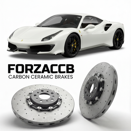 ForzaCCB direct OEM replacement carbon ceramic brake rotors for 2018 to 2020 Ferrari 488 Pista models, shown with a white Ferrari 488 Pista car.
