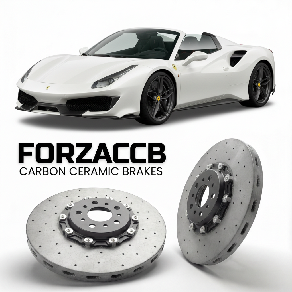 ForzaCCB direct OEM replacement carbon ceramic brake rotors for 2018 to 2020 Ferrari 488 Pista Spider models, shown with a white Ferrari 488 Pista Spider car.