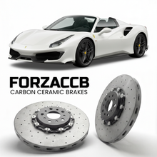 ForzaCCB direct OEM replacement carbon ceramic brake rotors for 2018 to 2020 Ferrari 488 Pista Spider models, shown with a white Ferrari 488 Pista Spider car.