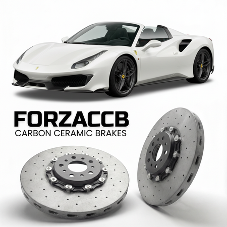 ForzaCCB direct OEM replacement carbon ceramic brake rotors for 2018 to 2020 Ferrari 488 Pista Spider models, shown with a white Ferrari 488 Pista Spider car.