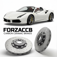 ForzaCCB direct OEM replacement carbon ceramic brake rotors for 2015 to 2019 Ferrari 488 Spider models, shown with a white Ferrari 488 Spider car.
