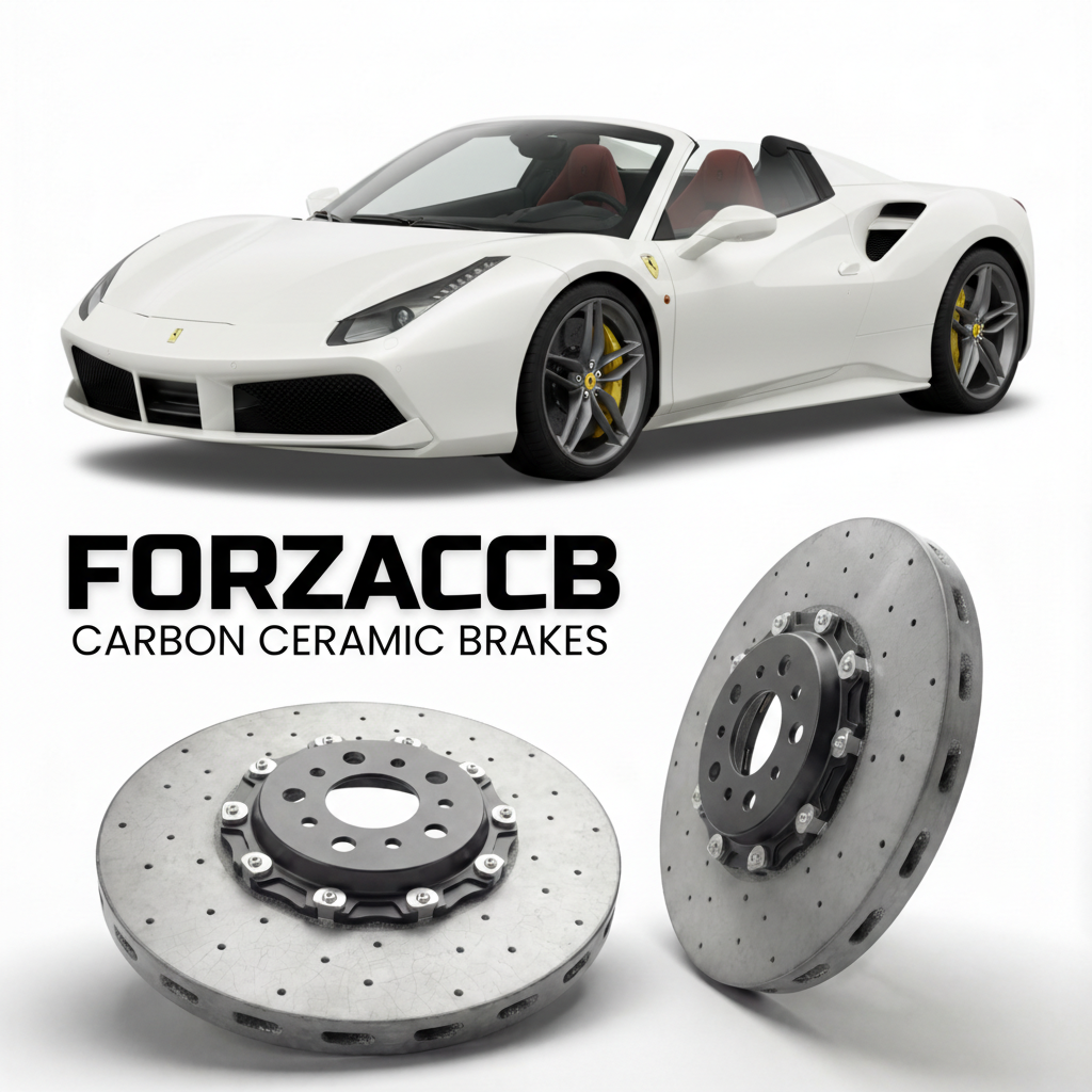 ForzaCCB direct OEM replacement carbon ceramic brake rotors for 2015 to 2019 Ferrari 488 Spider models, shown with a white Ferrari 488 Spider car.