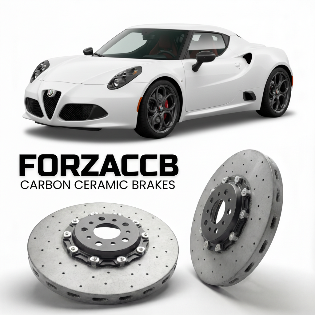 ForzaCCB direct OEM replacement carbon ceramic brake rotors for 2013 to 2016 Alfa Romeo 4C models, shown with a white Alfa Romeo 4C car.