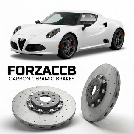ForzaCCB direct OEM replacement carbon ceramic brake rotors for 2013 to 2016 Alfa Romeo 4C models, shown with a white Alfa Romeo 4C car.