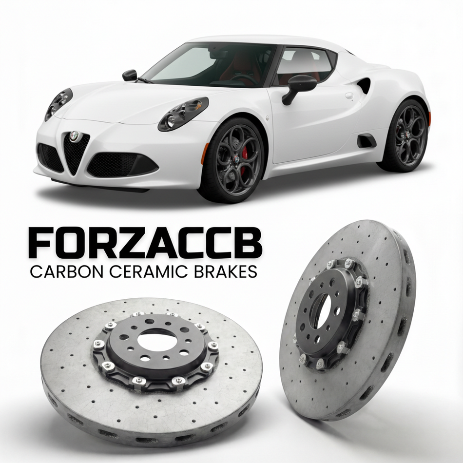 ForzaCCB direct OEM replacement carbon ceramic brake rotors for 2013 to 2016 Alfa Romeo 4C models, shown with a white Alfa Romeo 4C car.