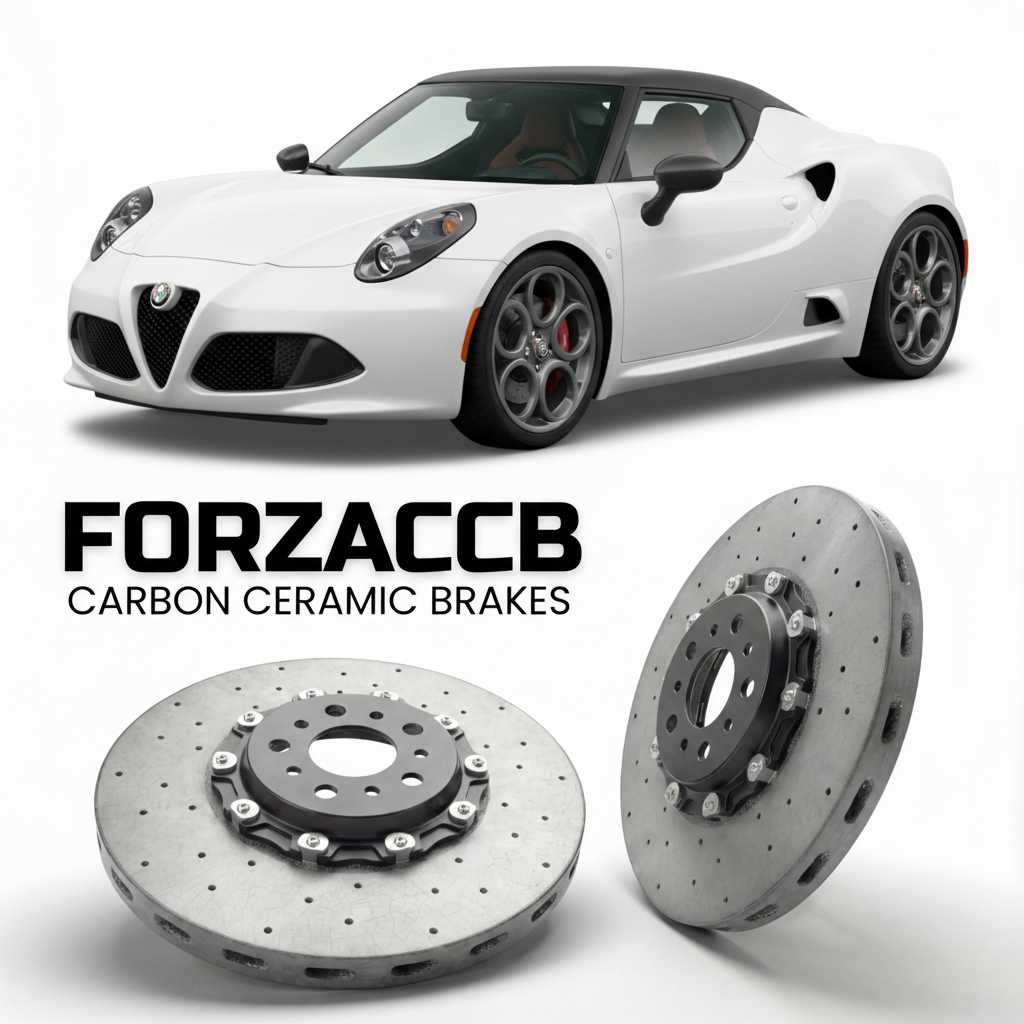 ForzaCCB direct OEM replacement carbon ceramic brake rotors for 2015 to 2019 Alfa Romeo 4C Spider models, shown with a white Alfa Romeo 4C car.