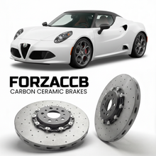 ForzaCCB direct OEM replacement carbon ceramic brake rotors for 2015 to 2019 Alfa Romeo 4C Spider models, shown with a white Alfa Romeo 4C car.
