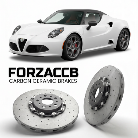 ForzaCCB direct OEM replacement carbon ceramic brake rotors for 2015 to 2019 Alfa Romeo 4C Spider models, shown with a white Alfa Romeo 4C car.