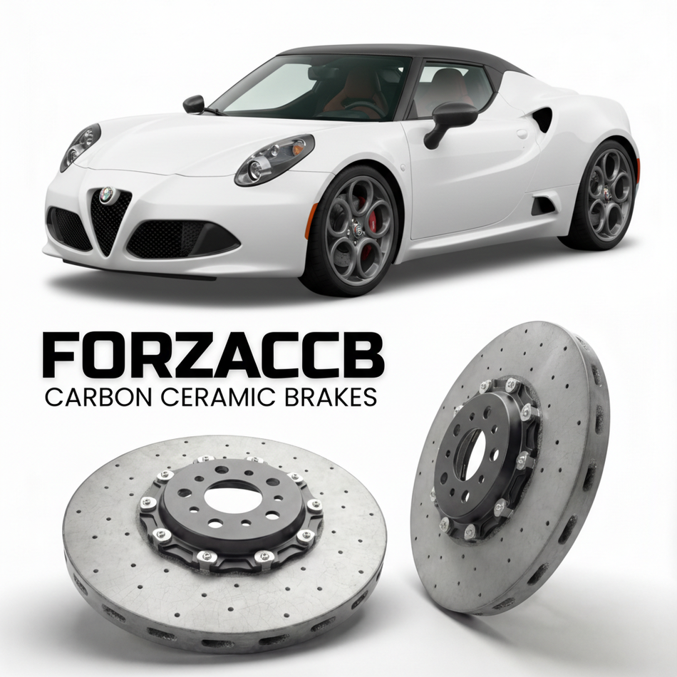 ForzaCCB direct OEM replacement carbon ceramic brake rotors for 2015 to 2019 Alfa Romeo 4C Spider models, shown with a white Alfa Romeo 4C car.