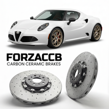 ForzaCCB direct OEM replacement carbon ceramic brake rotors for 2017 to 2019 Alfa Romeo 4C facelift 2017 models, shown with a white Alfa Romeo 4C car.