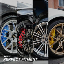 Split-panel image showing four close-up wheel setups with performance brake kits behind BBS and multi-spoke rims, highlighting blue, red, black, and yellow calipers with the text "Perfect Fitment."