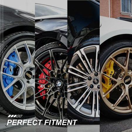 Split-panel image showing four close-up wheel setups with performance brake kits behind BBS and multi-spoke rims, highlighting blue, red, black, and yellow calipers with the text "Perfect Fitment."