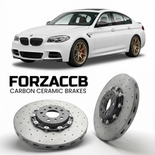 ForzaCCB direct OEM replacement carbon ceramic brake rotors for 2009 to 2017 BMW 5-Series Gran Turismo F07 models, shown with a white BMW 5-Series Gran Turismo car.