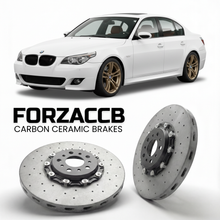 ForzaCCB direct OEM replacement carbon ceramic brake rotors for 2003 to 2010 BMW 5-Series Sedan E60 models, shown with a white BMW 5-Series Sedan car.