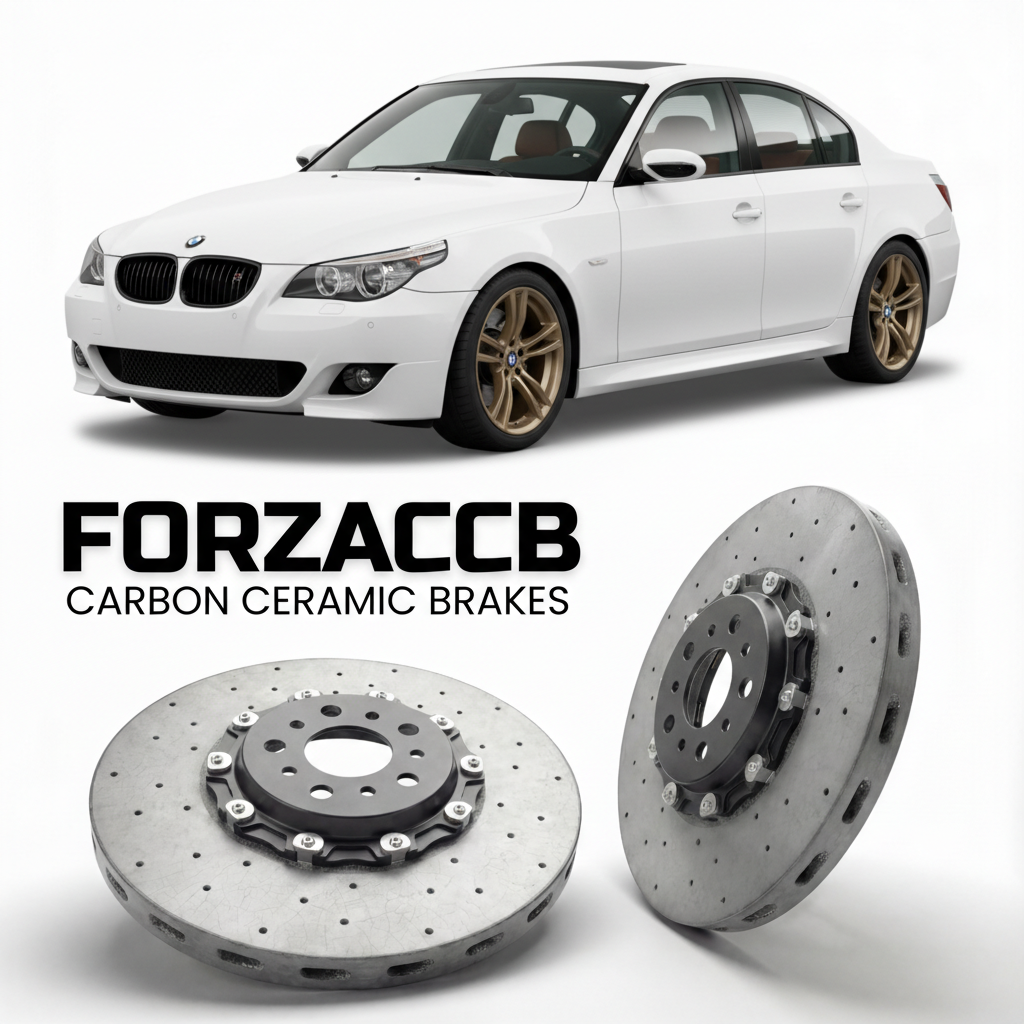 ForzaCCB direct OEM replacement carbon ceramic brake rotors for 2003 to 2010 BMW 5-Series Sedan E60 models, shown with a white BMW 5-Series Sedan car.