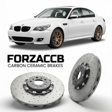 ForzaCCB direct OEM replacement carbon ceramic brake rotors for 2005 to 2010 BMW 5-Series Sedan E60 models, shown with a white BMW 5-Series Sedan car.