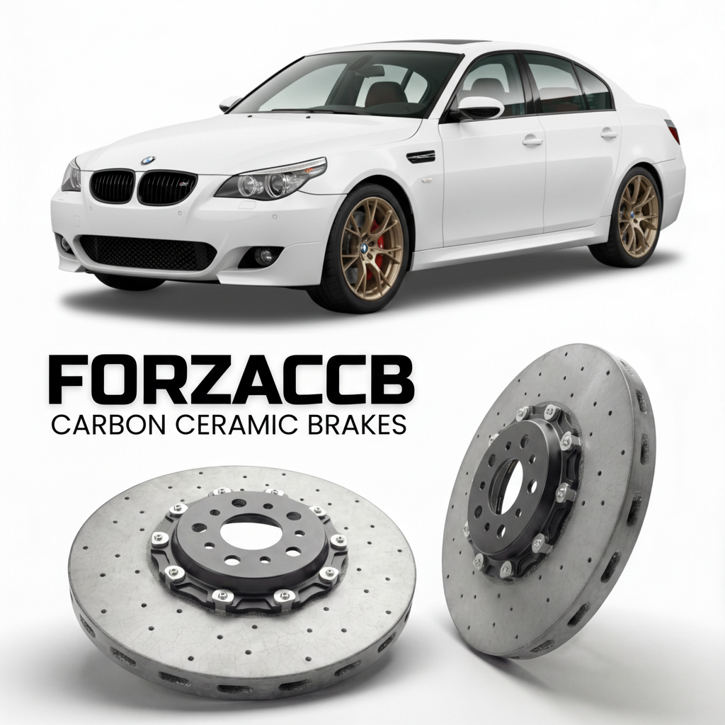 ForzaCCB direct OEM replacement carbon ceramic brake rotors for 2005 to 2010 BMW 5-Series Sedan E60 models, shown with a white BMW 5-Series Sedan car.