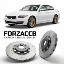 ForzaCCB direct OEM replacement carbon ceramic brake rotors for 2010 to 2017 BMW 5-Series Sedan F10 models, shown with a white BMW 5-Series Sedan car.
