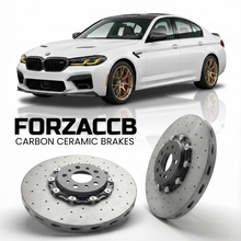 ForzaCCB direct OEM replacement carbon ceramic brake rotors for 2016 to 2023 BMW 5-Series Sedan G30 models, shown with a white BMW 5-Series Sedan car.