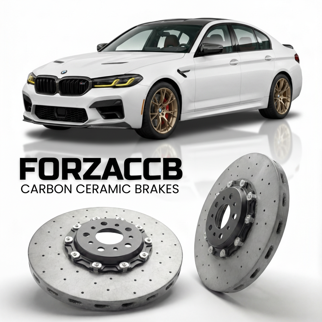 ForzaCCB direct OEM replacement carbon ceramic brake rotors for 2016 to 2023 BMW 5-Series Sedan G30 models, shown with a white BMW 5-Series Sedan car.