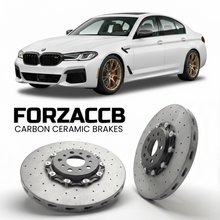 ForzaCCB direct OEM replacement carbon ceramic brake rotors for 2023- BMW 5-Series Sedan G60 models, shown with a white BMW 5-Series Sedan car.