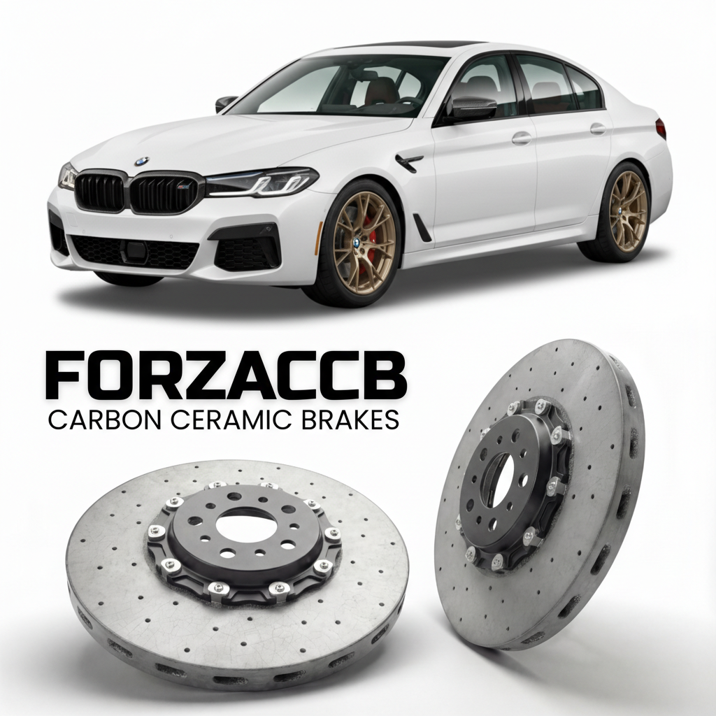 ForzaCCB direct OEM replacement carbon ceramic brake rotors for 2023- BMW 5-Series Sedan G60 models, shown with a white BMW 5-Series Sedan car.