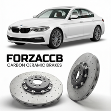 ForzaCCB direct OEM replacement carbon ceramic brake rotors for 2017 to 2023 BMW 5-Series Sedan LWB G38 models, shown with a white BMW 5-Series Sedan LWB car.