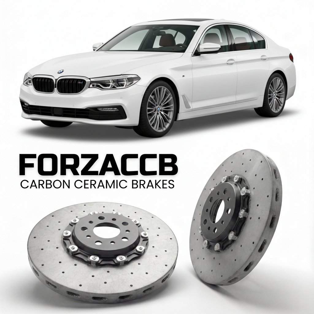 ForzaCCB direct OEM replacement carbon ceramic brake rotors for 2017 to 2023 BMW 5-Series Sedan LWB G38 models, shown with a white BMW 5-Series Sedan LWB car.
