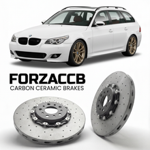 ForzaCCB direct OEM replacement carbon ceramic brake rotors for 2004 to 2010 BMW 5-Series Touring E61 models, shown with a white BMW 5-Series Touring car.