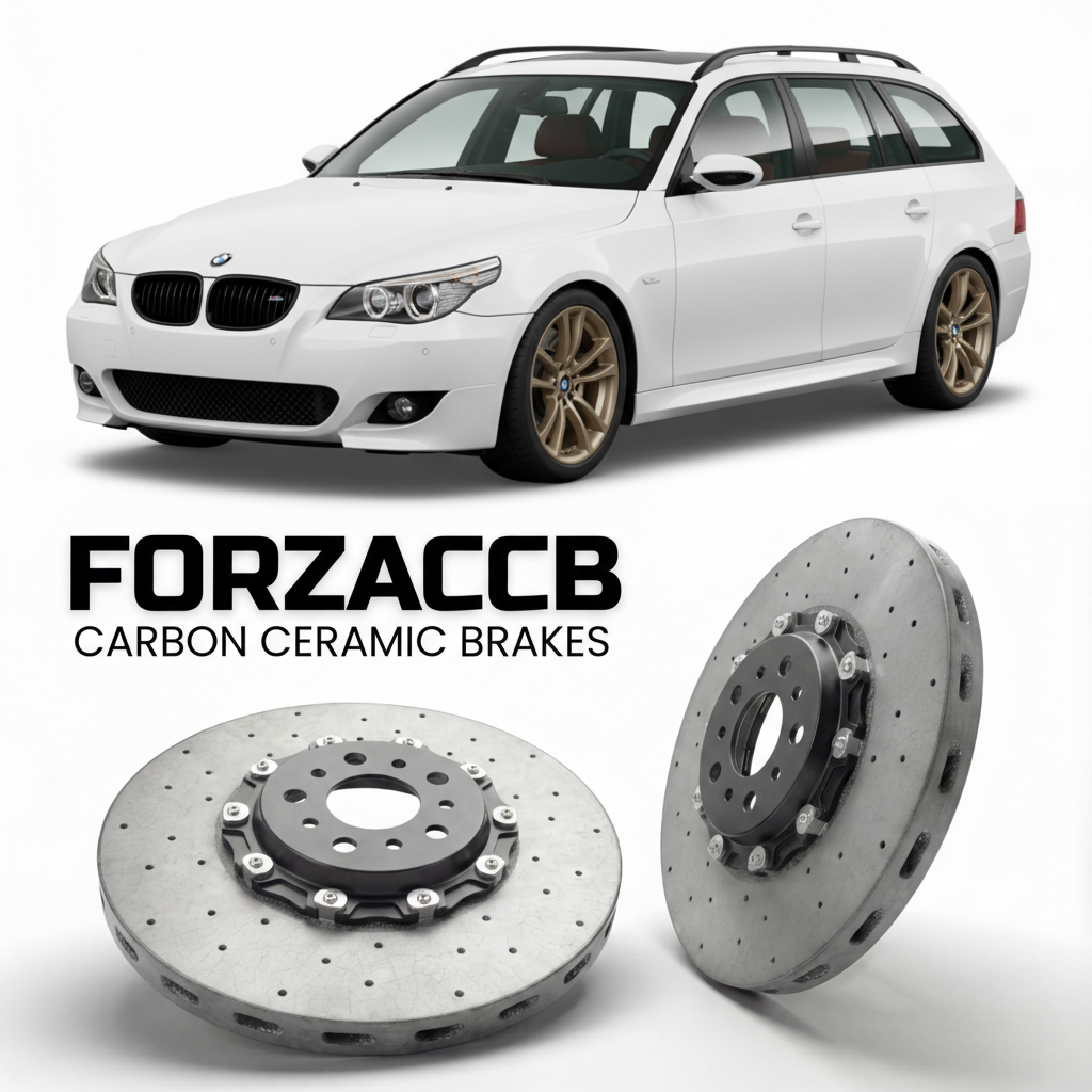 ForzaCCB direct OEM replacement carbon ceramic brake rotors for 2004 to 2010 BMW 5-Series Touring E61 models, shown with a white BMW 5-Series Touring car.