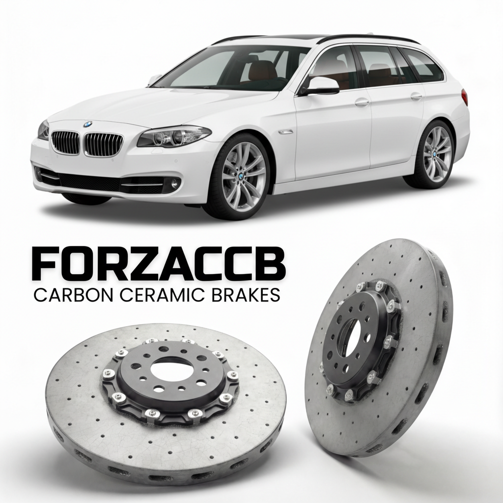 ForzaCCB direct OEM replacement carbon ceramic brake rotors for 2010 to 2017 BMW 5-Series Touring F11 models, shown with a white BMW 5-Series Touring car.