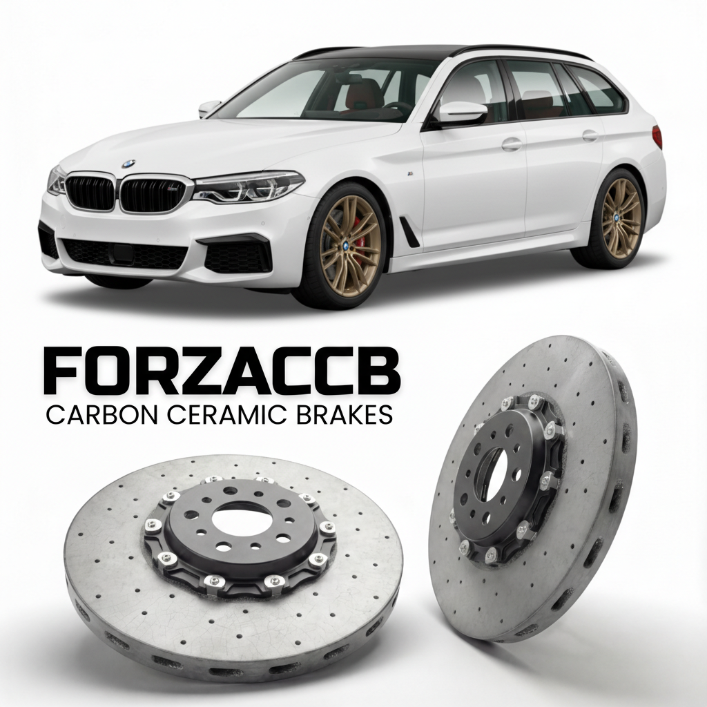 ForzaCCB direct OEM replacement carbon ceramic brake rotors for 2017 to 2023 BMW 5-Series Touring G31 models, shown with a white BMW 5-Series Touring car.