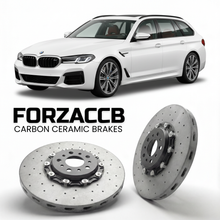 ForzaCCB direct OEM replacement carbon ceramic brake rotors for 2024- BMW 5-Series Touring G61 models, shown with a white BMW 5-Series Touring car.