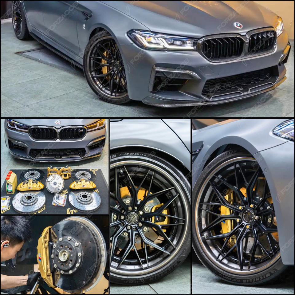 Collage of a BMW M5 F90 (2023) with detailed shots of its gold calipers big brake kit.