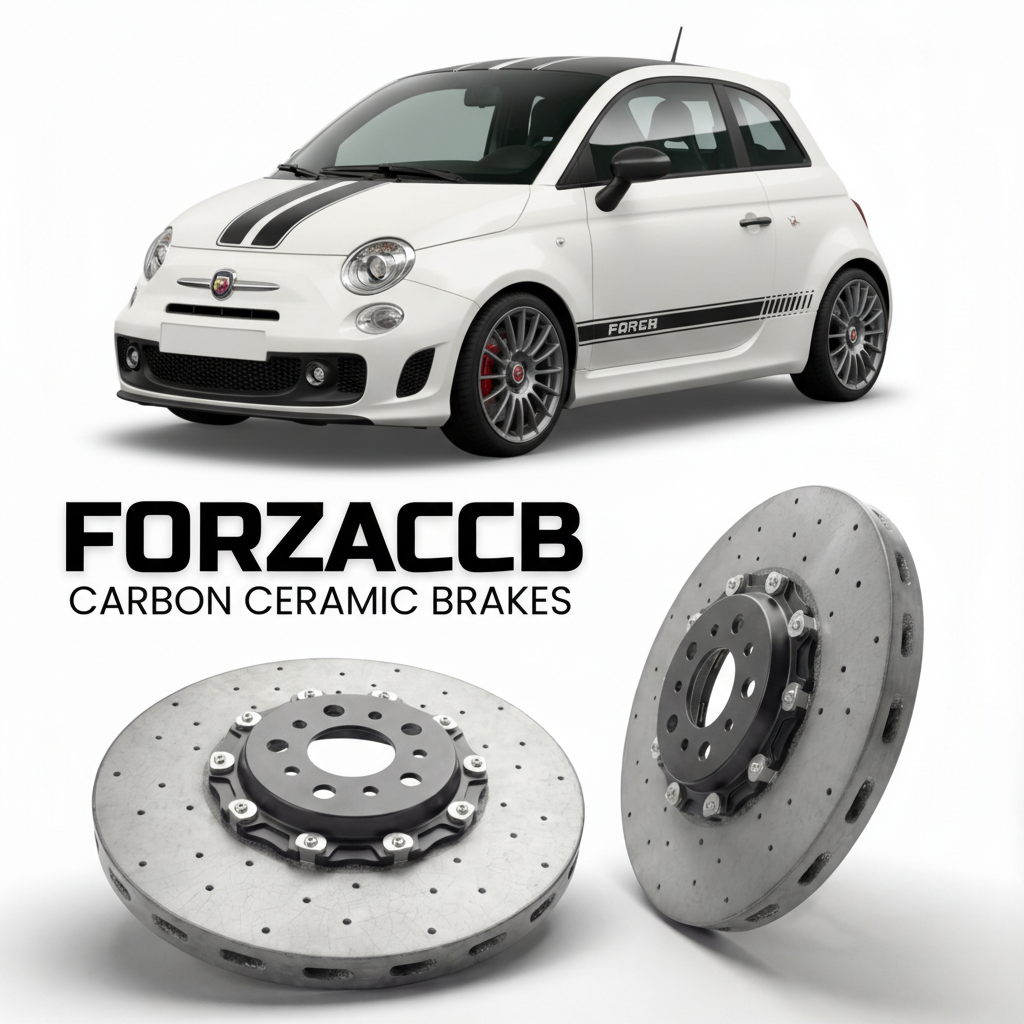 ForzaCCB direct OEM replacement carbon ceramic brake rotors for 2008 to 2015 Abarth 500 models, shown with a white Abarth 500 car.