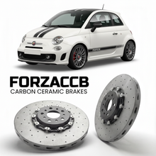 ForzaCCB direct OEM replacement carbon ceramic brake rotors for 2008 to 2015 Abarth 500 models, shown with a white Abarth 500 car.